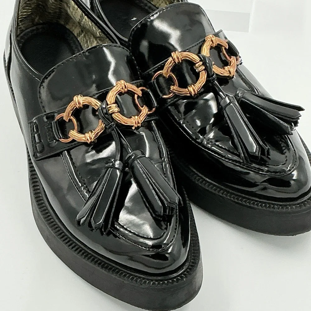 Circus by Sam Edelman Size 8.5 Black Patent Platform Loafers Tassel Gold Nichola